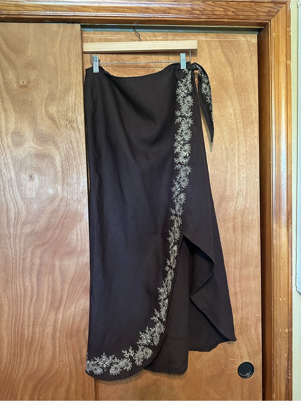 Spiegel Brown Embroidered Wrap Maxi Skirt Size 10 Boho Cotton Blend